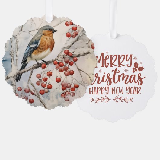Merry Christmas Happy New Year Winter Robin Ornament Karte (Vorderseite/Rückseite)
