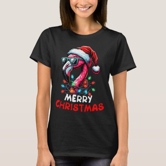 Merry Christmas Hat Santa Flamingo Christmas Light T-Shirt (Vorderseite)