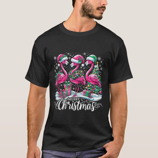 Merry Christmas Hat Santa Flamingo Light Christmas T-Shirt (Vorderseite)