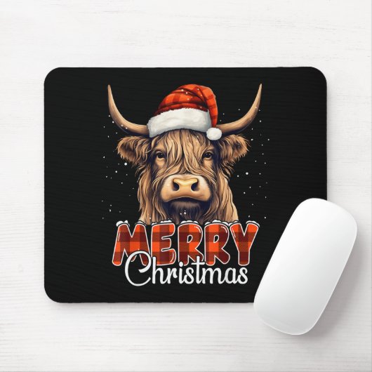 Merry Christmas Highland Cow Western Santa Hat Xma Mousepad (Mit Mouse)