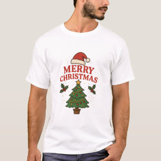 Merry Christmas Holiday Tree & Santa Hat Festive  T-Shirt