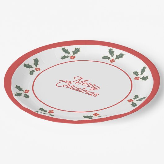 Merry Christmas Holly Plate Red and White Pappteller (Schrägansicht)