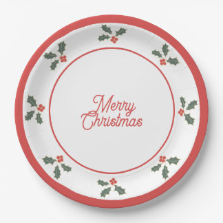 Merry Christmas Holly Plate Red and White Pappteller