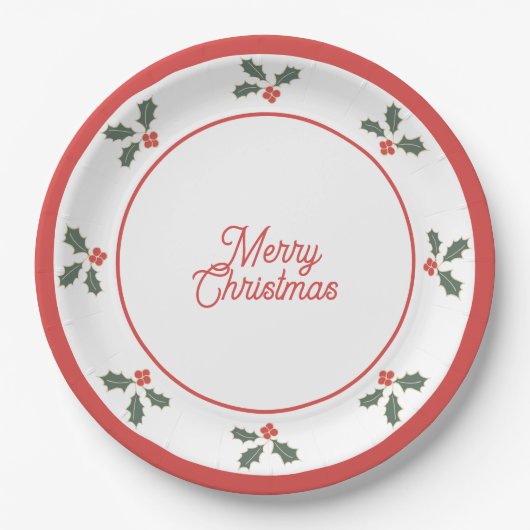 Merry Christmas Holly Plate Red and White Pappteller (Vorderseite)