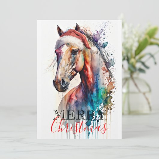 Merry Christmas Horse in Santa Hat Greeting Card Einladung (Stehend Vorderseite)