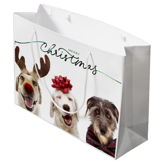 MERRY CHRISTMAS HUNDE GIFT BAG MODERNISCH UND SPAS GROßE GESCHENKTÜTE (Rückseite Schrägansicht)