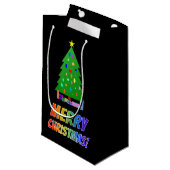 "MERRY CHRISTMAS!" im Regenbogentext + Baum, Gesch Kleine Geschenktüte (Vorderseite Schrägansicht)