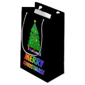 "MERRY CHRISTMAS!" im Regenbogentext + Baum, Gesch Kleine Geschenktüte (Rückseite Schrägansicht)