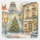Merry Christmas in Paris Watercolor Eiffel Tower Quadratischer Aufkleber (Vorderseite)