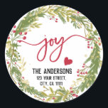 Merry Christmas Joy Holy Wreath Rustic Typography Runder Aufkleber<br><div class="desc">Merry Christmas Joy Holy Wreath Return Address Labels,  Rustic Typography with glitter greenery</div>