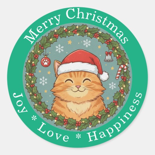 Merry Christmas Joy Love Happiness Cute Cat Runder Aufkleber (Vorderseite)