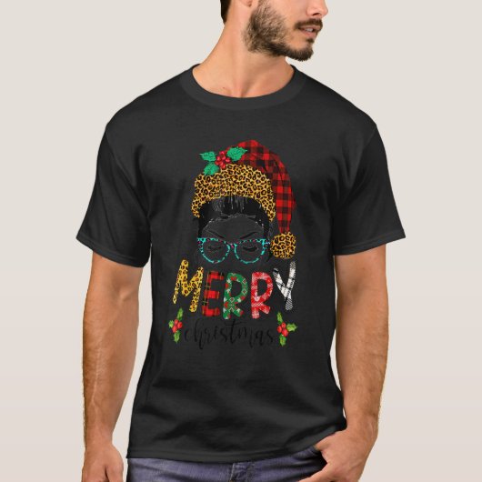 Merry Christmas Leopard Messy Bun Happy Xmas 5 T-Shirt (Vorderseite)