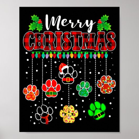 Merry Christmas Lights Dog Paw Xmas  Poster (Vorne)