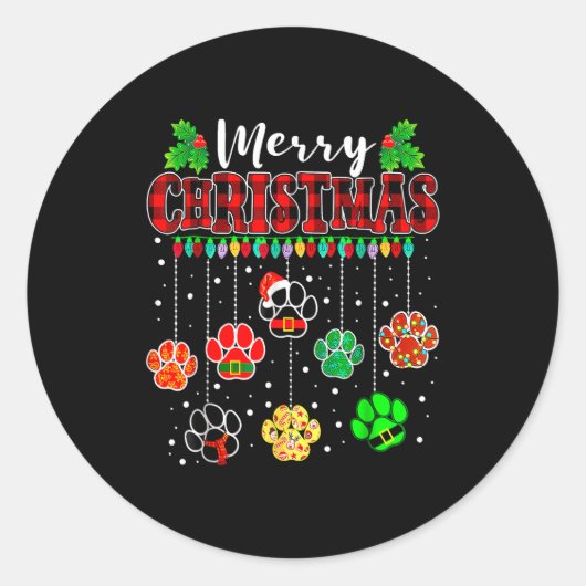 Merry Christmas Lights Dog Paw Xmas  Runder Aufkleber (Vorderseite)