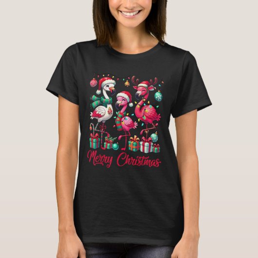 Merry Christmas Lights Flamingo Santa Hat Snow Xma T-Shirt (Vorderseite)