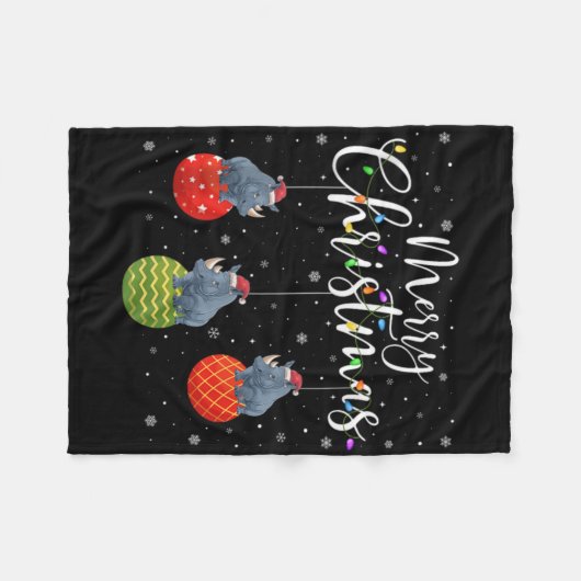 Merry Christmas Lights Santa Hat Rhino Ugly Xmas T Fleecedecke (Vorderseite (Horizontal))