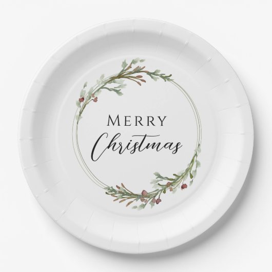 Merry Christmas Minimalist Wreath White Pappteller (Vorderseite)