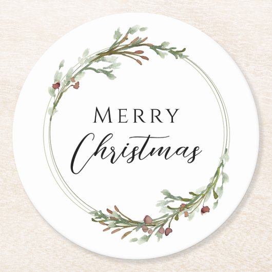 Merry Christmas Minimalist Wreath White Runder Pappuntersetzer (Vorderseite)