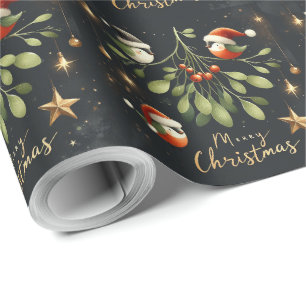 Merry Christmas Mistletoe Santa Robin Geschenkpapier