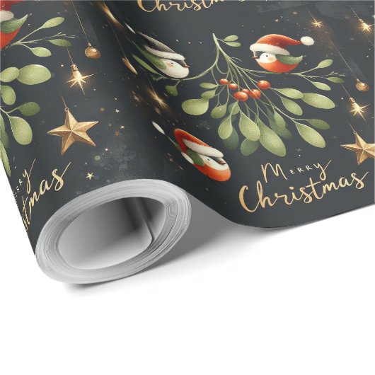 Merry Christmas Mistletoe Santa Robin Geschenkpapier (Rolleneckpunkt)