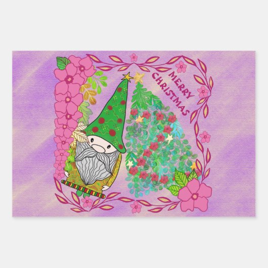MERRY CHRISTMAS MIT GNOME XMAS TREE GESCHENKPAPIER SET (Vorderseite 3)
