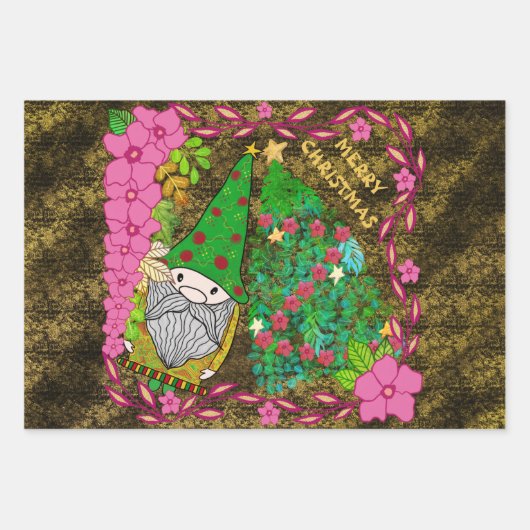 MERRY CHRISTMAS MIT GNOME XMAS TREE GESCHENKPAPIER SET (Vorderseite)