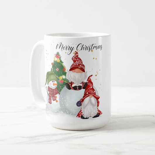 MERRY CHRISTMAS MIT NIEDLICHEN GNOMES & SNOWMAN KAFFEETASSE (Vorderseite Links)