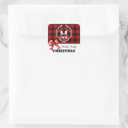 Merry Christmas Monogram Wreath Buffalo Plaid Quadratischer Aufkleber (Tasche)