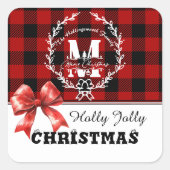Merry Christmas Monogram Wreath Buffalo Plaid Quadratischer Aufkleber (Vorderseite)