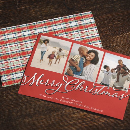 Merry Christmas Multi Photo Red Holiday Plaid Feiertagskarte