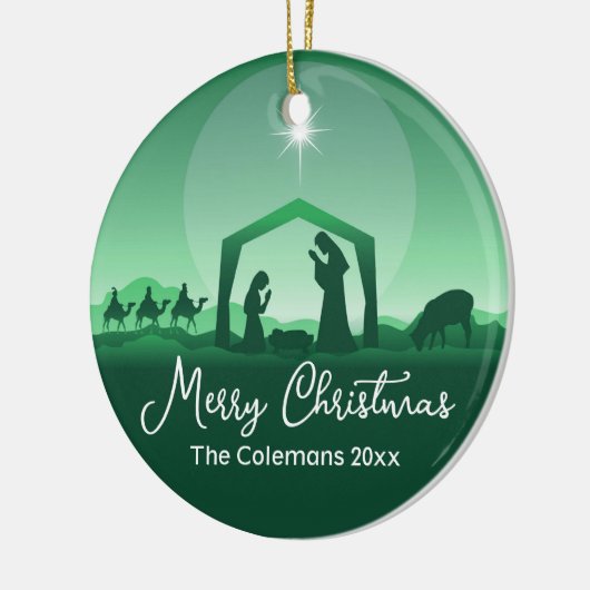 Merry Christmas Nativity Scene Green Religious Keramik Ornament (Links)
