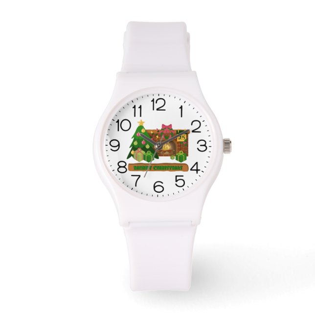 Merry Christmas near fireplace bonfire xmas tree Armbanduhr (Vorderseite)
