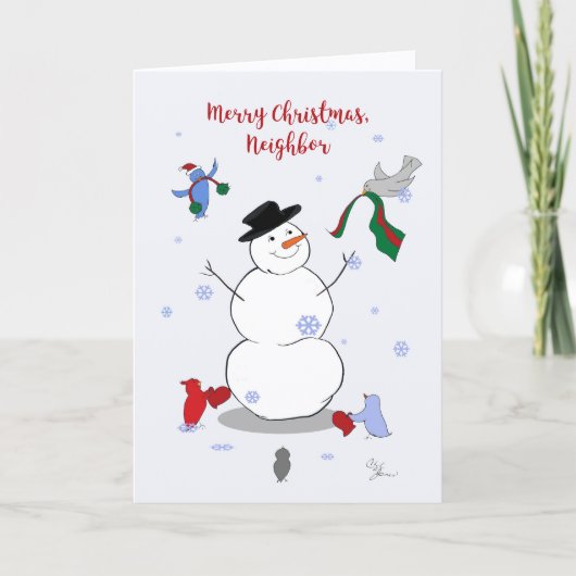 Merry Christmas Neighbor Card Cozy Snowman Birds   Karte (Vorderseite)