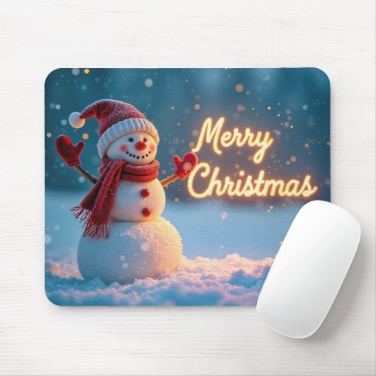 Merry Christmas Neon Sign With Snowman Mousepad (Mit Mouse)