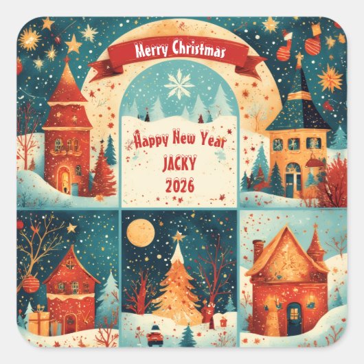 Merry Christmas New Year 2026 Quadratischer Aufkleber (Vorderseite)