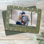 Merry Christmas One Photo Green Gold Snowflake Folien Feiertagskarte<br><div class="desc">elegant real gold foil style for holidays and Christmas. This simple Holiday Christmas Photo Card features a full bleed with a white border. A trendy and Modern rustic Merry Christmas greeting on the front side fits 1 Photo. This design features a Christmas holiday green snowflake winter, family photo 1 one...</div>