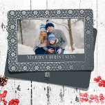 Merry Christmas One Photo Silver Snowflakes  Folien Feiertagskarte<br><div class="desc">This design features a merry Christmas silver foil,  one photo card with simple typography,  a minimalist minimal,  snowflakes,  winter pattern,  with a rustic classic,  elegant traditional,  blue style,  a simple holiday photo card</div>