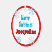 Merry Christmas Peace Snowflakes Red Name Ornament Aus Metall (Vorderseite links)