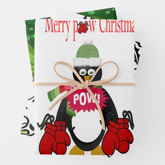 Merry Christmas Penguin Boxing Gloves Green Bow Geschenkpapier Set (Beispiel)