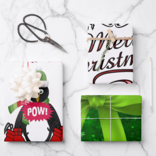 Merry Christmas Penguin Boxing Gloves Green Bow Geschenkpapier Set