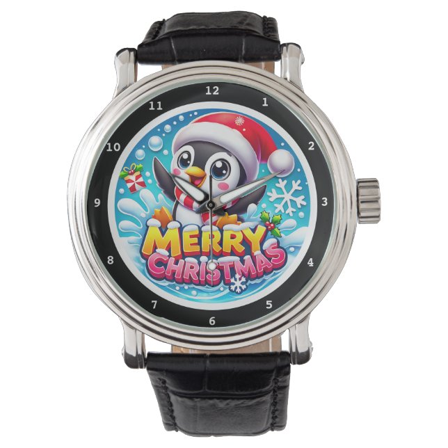Merry Christmas Penguin Water Splashes Armbanduhr (Vorderseite)