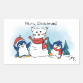Merry Christmas Penguins building a Snow Cat Rechteckiger Aufkleber (Vorderseite)