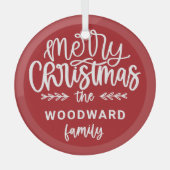 Merry Christmas Personalized Family Name Red Ornament Aus Glas (Vorderseite)