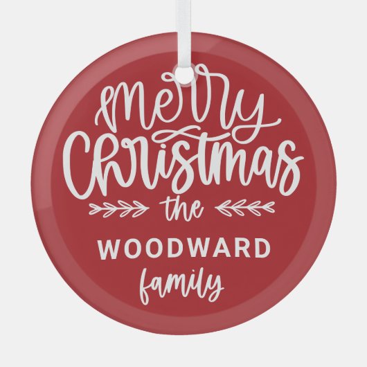 Merry Christmas Personalized Family Name Red Ornament Aus Glas (Vorderseite)