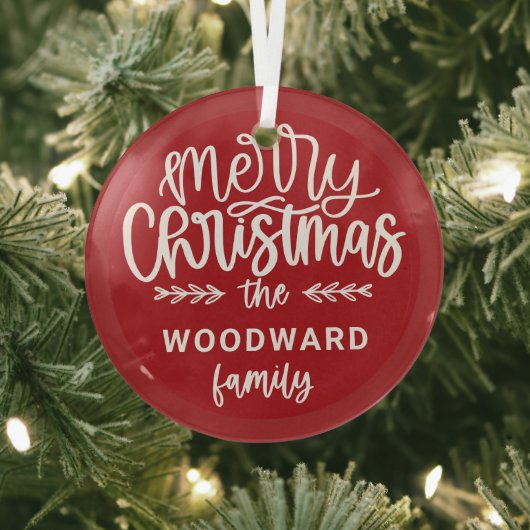 Merry Christmas Personalized Family Name Red Ornament Aus Glas (InSitu)