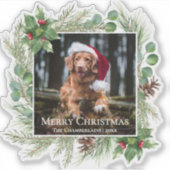 Merry Christmas Pet Photo Wreath Botanical Aufkleber (Vorderseite)
