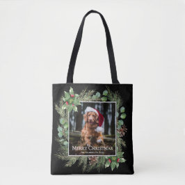 Merry Christmas Pet Photo Wreath Greenery Tasche