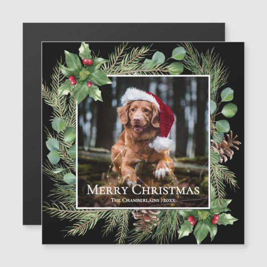 Merry Christmas Pet Photo Wreath Magnetic Card Magnetkarte (Vorne/Hinten)