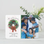 Merry Christmas Photo Custom Card With Wreath Karte (Stehend Vorderseite)