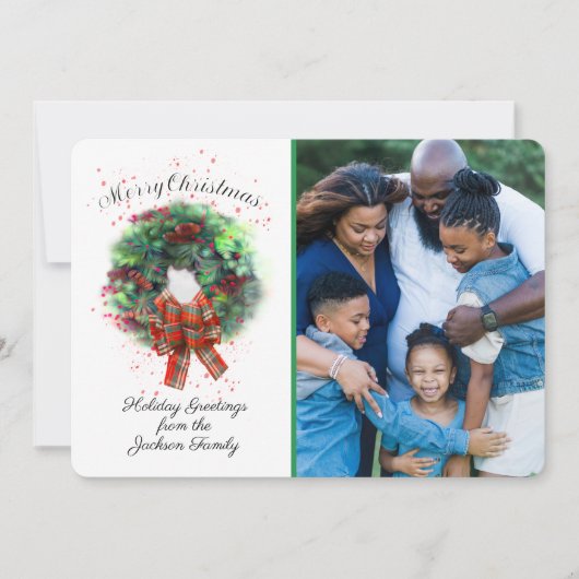 Merry Christmas Photo Custom Card With Wreath Karte (Vorderseite)